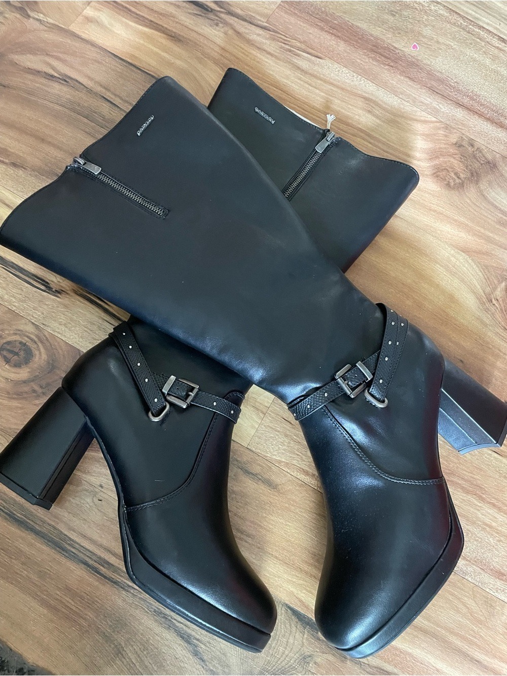 Gabylou Black Knee High Boots Block Heel Buckle Strap Size 40